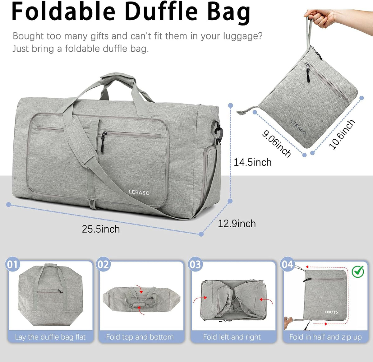65L Foldable Duffle Bag with Shoe Compartment - Large Travel Duffel Bag for Men & Women, Packable Weekend Bag with Trolley Sleeve, Water-Resistant & Lightweight Gym Bag for Travel, Sports（Green）