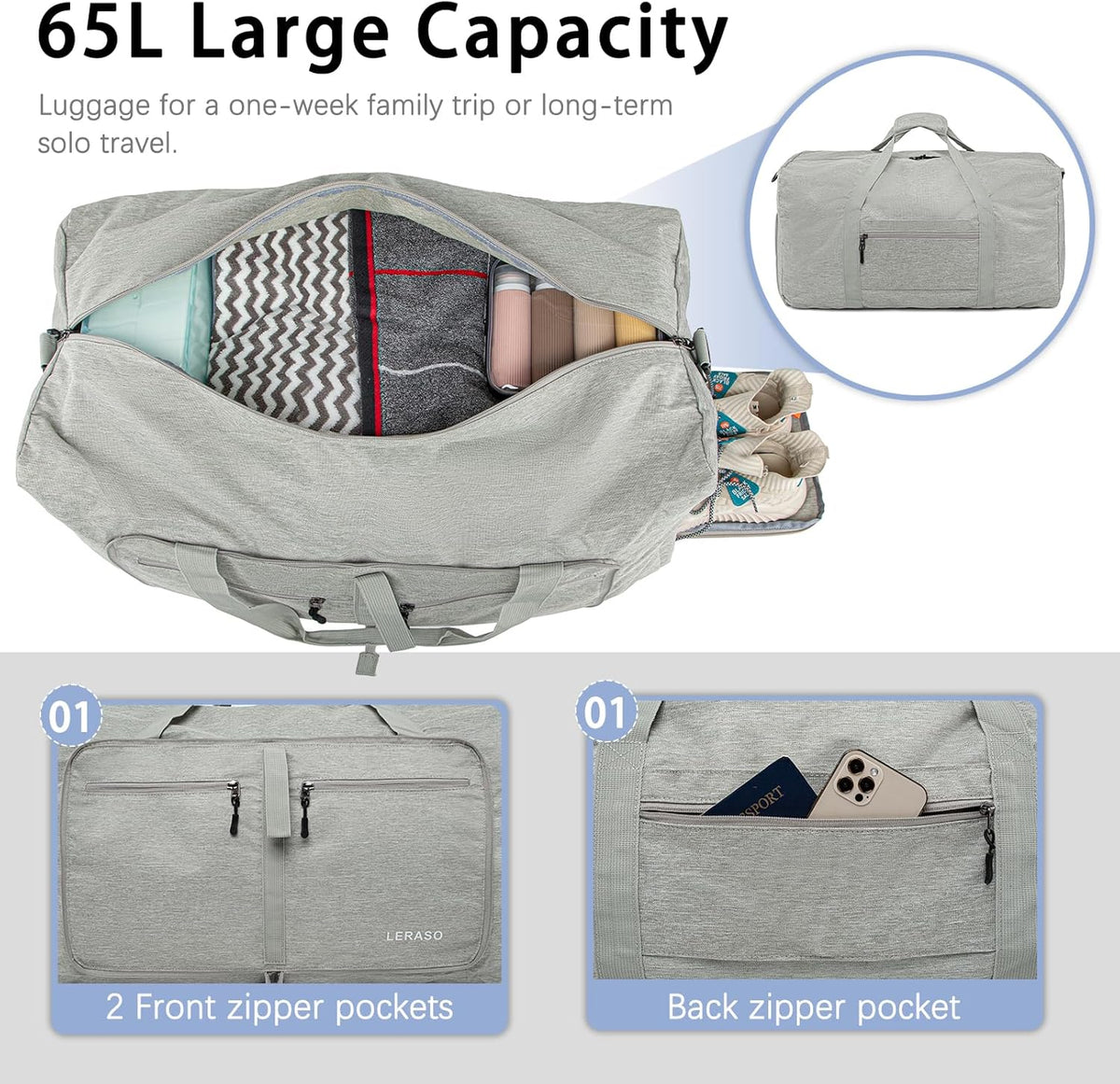 65L Foldable Duffle Bag with Shoe Compartment - Large Travel Duffel Bag for Men & Women, Packable Weekend Bag with Trolley Sleeve, Water-Resistant & Lightweight Gym Bag for Travel, Sports（Green）