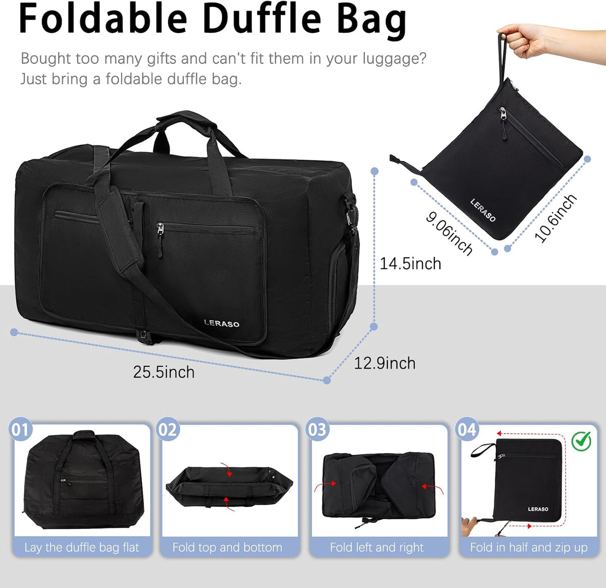65L Foldable Duffle Bag with Shoe Compartment - Large Travel Duffel Bag for Men & Women, Packable Weekend Bag with Trolley Sleeve, Water-Resistant & Lightweight Gym Bag for Travel, Sports（Green）