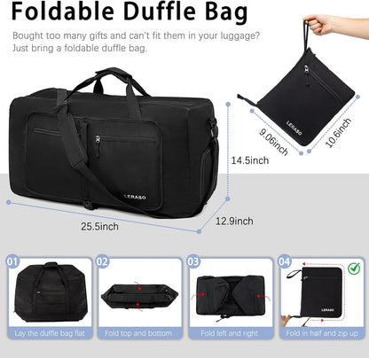 65L Foldable Duffle Bag with Shoe Compartment - Large Travel Duffel Bag for Men & Women, Packable Weekend Bag with Trolley Sleeve, Water-Resistant & Lightweight Gym Bag for Travel, Sports（Green）