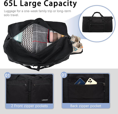 65L Foldable Duffle Bag with Shoe Compartment - Large Travel Duffel Bag for Men & Women, Packable Weekend Bag with Trolley Sleeve, Water-Resistant & Lightweight Gym Bag for Travel, Sports（Green）