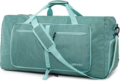 65L Foldable Duffle Bag with Shoe Compartment - Large Travel Duffel Bag for Men & Women, Packable Weekend Bag with Trolley Sleeve, Water-Resistant & Lightweight Gym Bag for Travel, Sports（Green）
