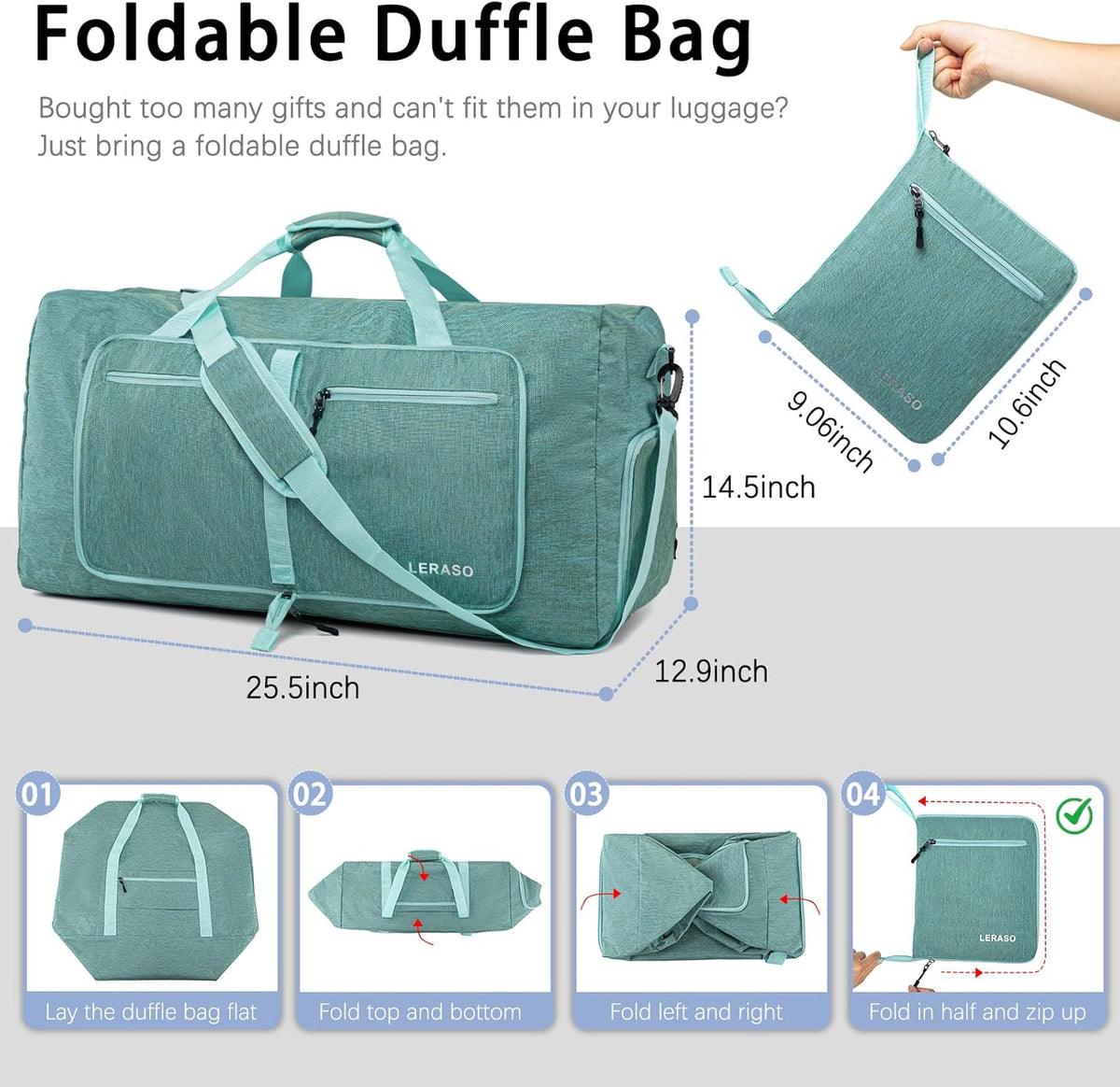 65L Foldable Duffle Bag with Shoe Compartment - Large Travel Duffel Bag for Men & Women, Packable Weekend Bag with Trolley Sleeve, Water-Resistant & Lightweight Gym Bag for Travel, Sports（Green）