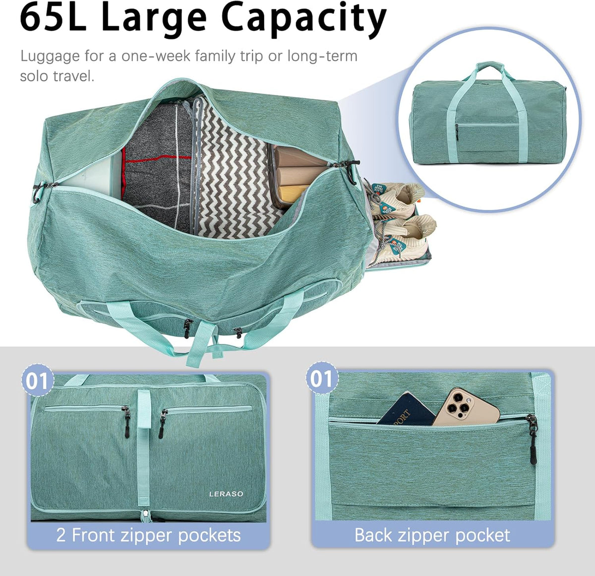 65L Foldable Duffle Bag with Shoe Compartment - Large Travel Duffel Bag for Men & Women, Packable Weekend Bag with Trolley Sleeve, Water-Resistant & Lightweight Gym Bag for Travel, Sports（Green）