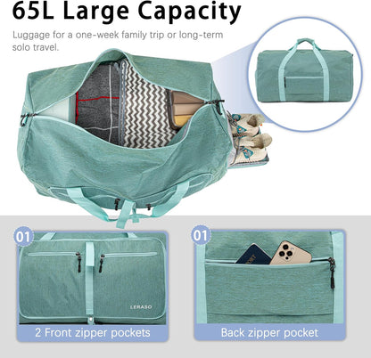 65L Foldable Duffle Bag with Shoe Compartment - Large Travel Duffel Bag for Men & Women, Packable Weekend Bag with Trolley Sleeve, Water-Resistant & Lightweight Gym Bag for Travel, Sports（Green）