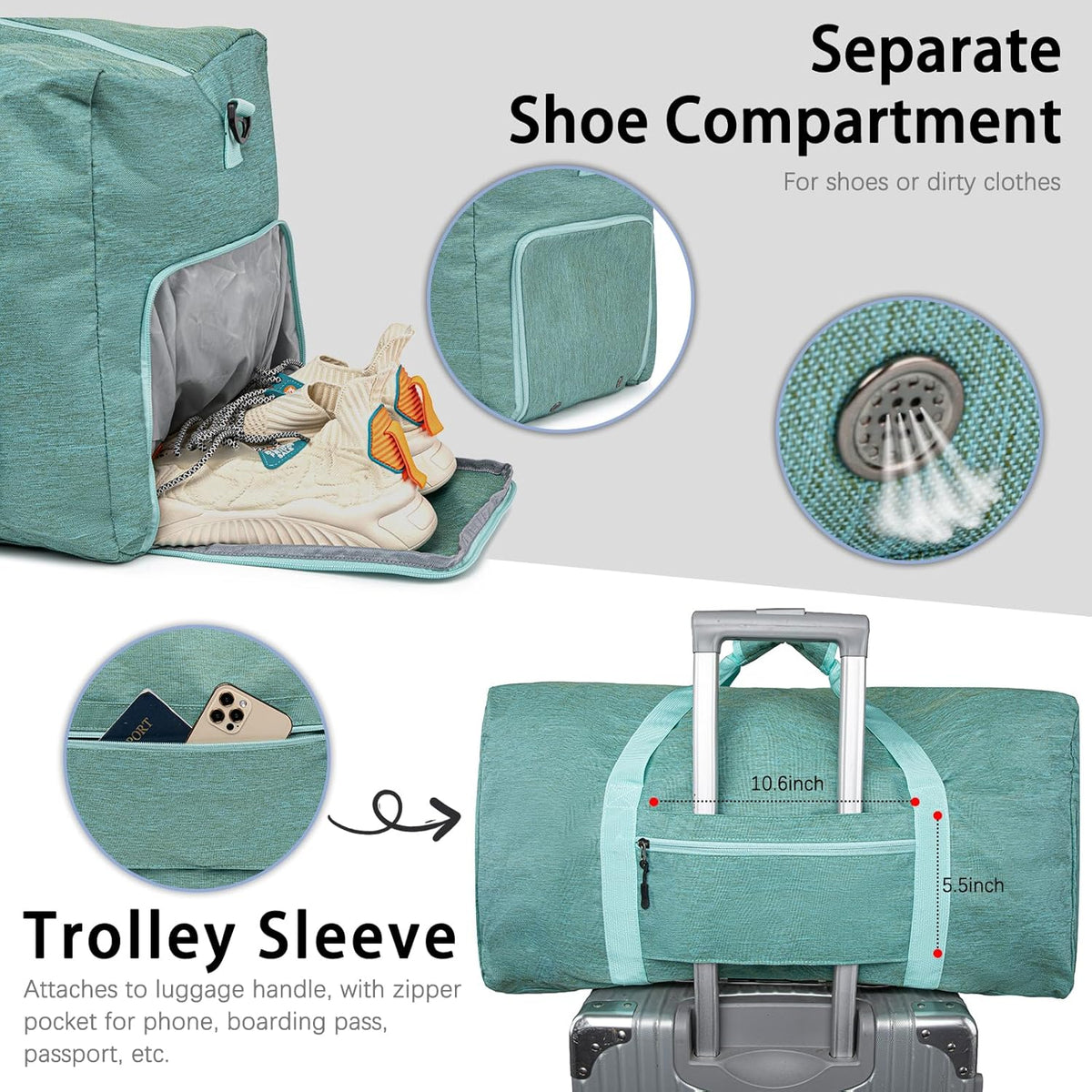 65L Foldable Duffle Bag with Shoe Compartment - Large Travel Duffel Bag for Men & Women, Packable Weekend Bag with Trolley Sleeve, Water-Resistant & Lightweight Gym Bag for Travel, Sports（Green）