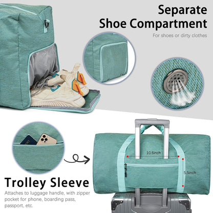 65L Foldable Duffle Bag with Shoe Compartment - Large Travel Duffel Bag for Men & Women, Packable Weekend Bag with Trolley Sleeve, Water-Resistant & Lightweight Gym Bag for Travel, Sports（Green）