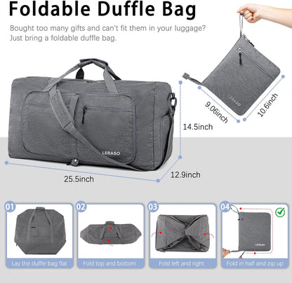 65L Foldable Duffle Bag with Shoe Compartment - Large Travel Duffel Bag for Men & Women, Packable Weekend Bag with Trolley Sleeve, Water-Resistant & Lightweight Gym Bag for Travel, Sports（Green）