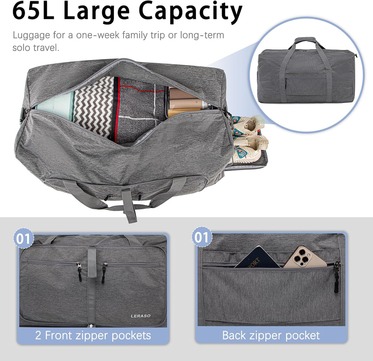 65L Foldable Duffle Bag with Shoe Compartment - Large Travel Duffel Bag for Men & Women, Packable Weekend Bag with Trolley Sleeve, Water-Resistant & Lightweight Gym Bag for Travel, Sports（Green）