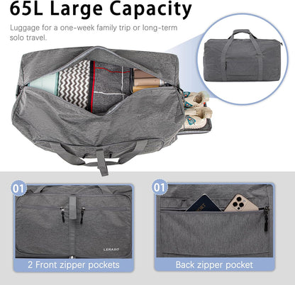 65L Foldable Duffle Bag with Shoe Compartment - Large Travel Duffel Bag for Men & Women, Packable Weekend Bag with Trolley Sleeve, Water-Resistant & Lightweight Gym Bag for Travel, Sports（Green）