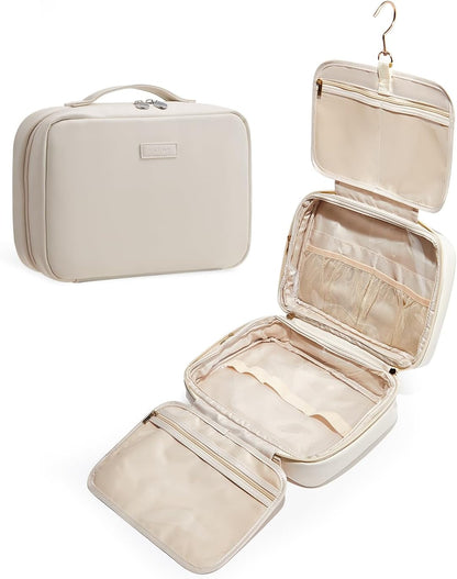 Toiletry Bag with Hanging Hook, Travel Makeup Bag PU Leather Cosmetic Bags for Women Make Up Organizer with 4 Compartments Waterproof Full-Size Portable Travel Essentials (Beige)
