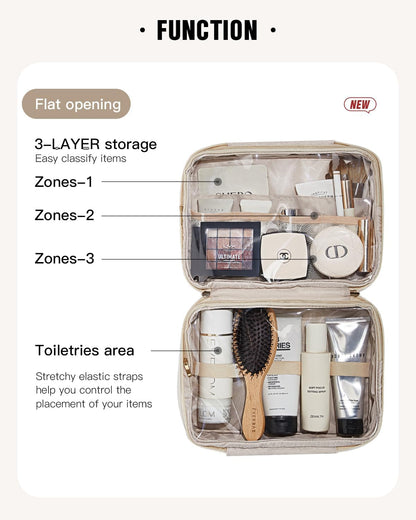 Toiletry Bag with Hanging Hook, Travel Makeup Bag PU Leather Cosmetic Bags for Women Make Up Organizer with 4 Compartments Waterproof Full-Size Portable Travel Essentials (Beige)