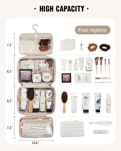Toiletry Bag with Hanging Hook, Travel Makeup Bag PU Leather Cosmetic Bags for Women Make Up Organizer with 4 Compartments Waterproof Full-Size Portable Travel Essentials (Beige)