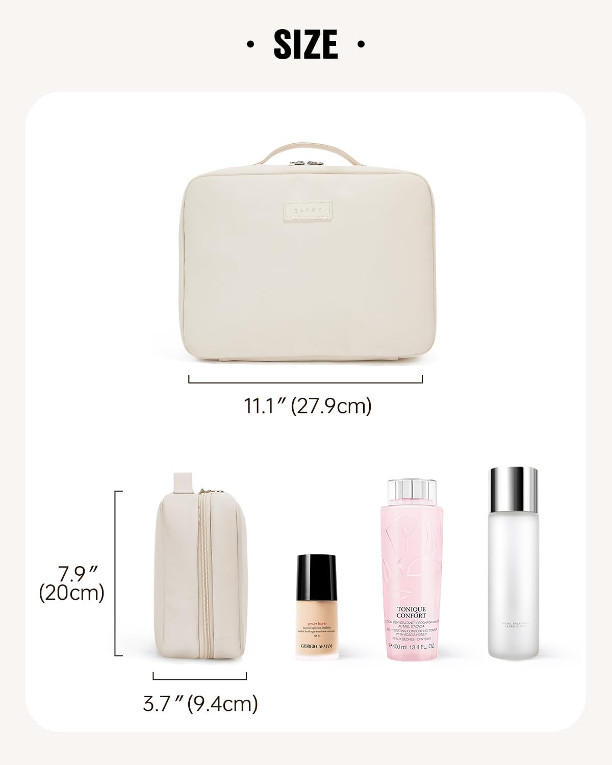 Toiletry Bag with Hanging Hook, Travel Makeup Bag PU Leather Cosmetic Bags for Women Make Up Organizer with 4 Compartments Waterproof Full-Size Portable Travel Essentials (Beige)
