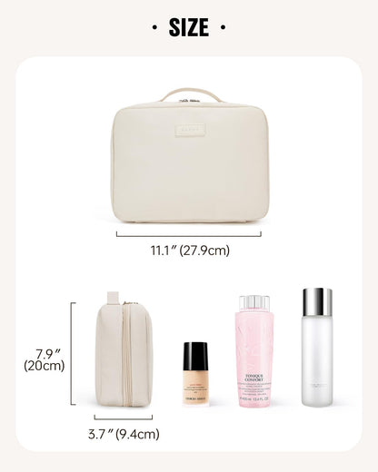 Toiletry Bag with Hanging Hook, Travel Makeup Bag PU Leather Cosmetic Bags for Women Make Up Organizer with 4 Compartments Waterproof Full-Size Portable Travel Essentials (Beige)