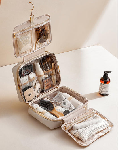 Toiletry Bag with Hanging Hook, Travel Makeup Bag PU Leather Cosmetic Bags for Women Make Up Organizer with 4 Compartments Waterproof Full-Size Portable Travel Essentials (Beige)