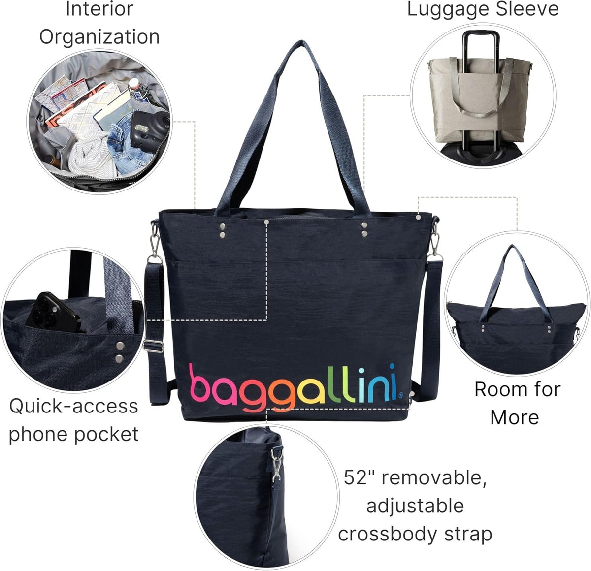 Carryall Tote - Lightweight Nylon Zipper Top Weekender Travel Beach Bag w/Luggage Sleeve