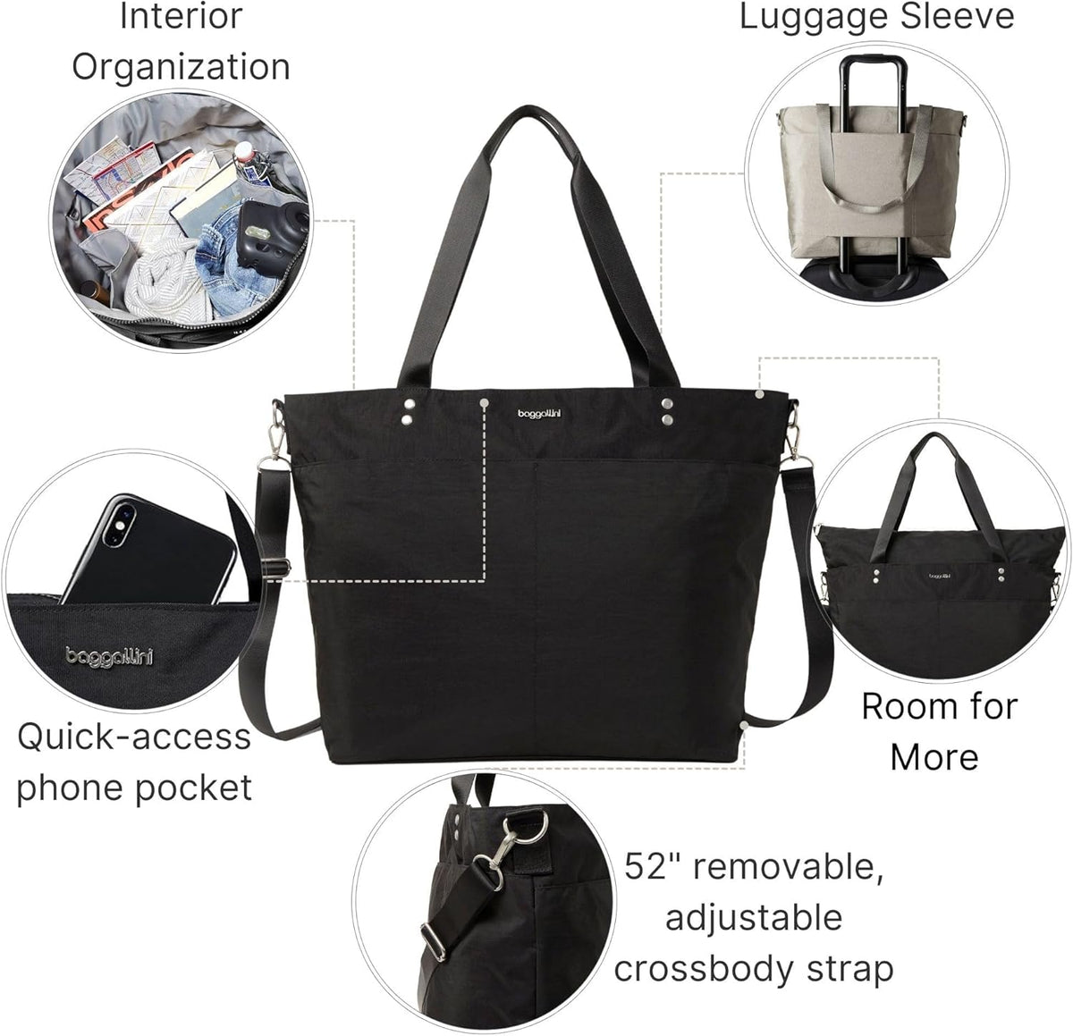 Carryall Tote - Lightweight Nylon Zipper Top Weekender Travel Beach Bag w/Luggage Sleeve