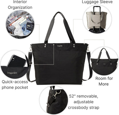 Carryall Tote - Lightweight Nylon Zipper Top Weekender Travel Beach Bag w/Luggage Sleeve