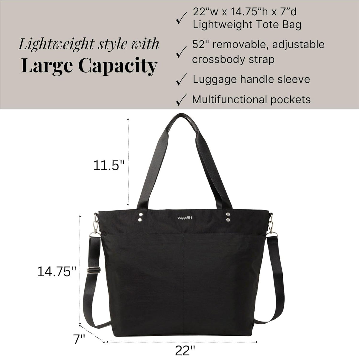 Carryall Tote - Lightweight Nylon Zipper Top Weekender Travel Beach Bag w/Luggage Sleeve