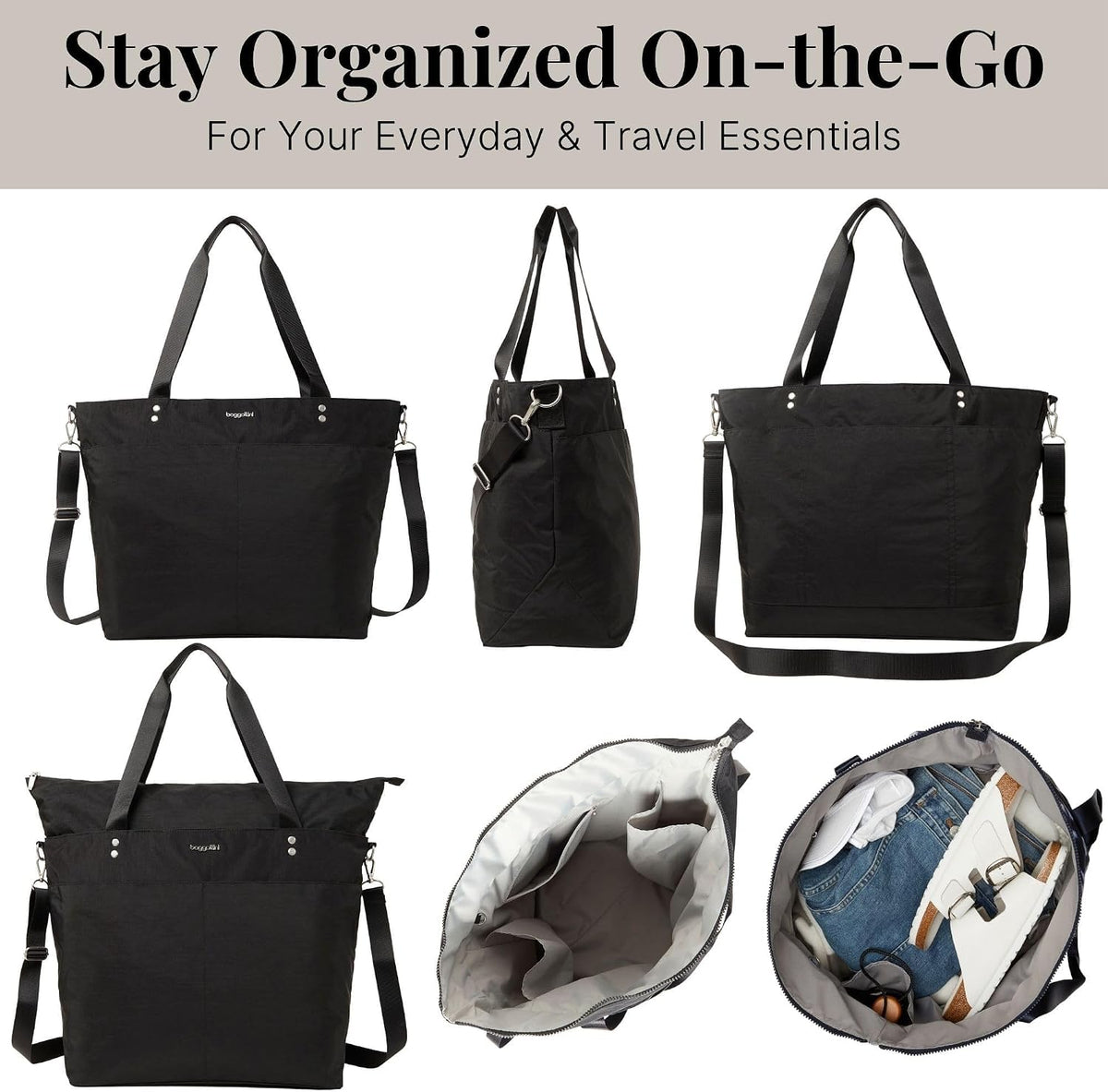 Carryall Tote - Lightweight Nylon Zipper Top Weekender Travel Beach Bag w/Luggage Sleeve