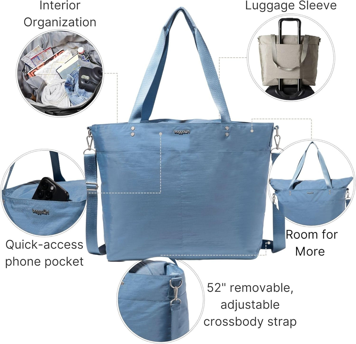 Carryall Tote - Lightweight Nylon Zipper Top Weekender Travel Beach Bag w/Luggage Sleeve