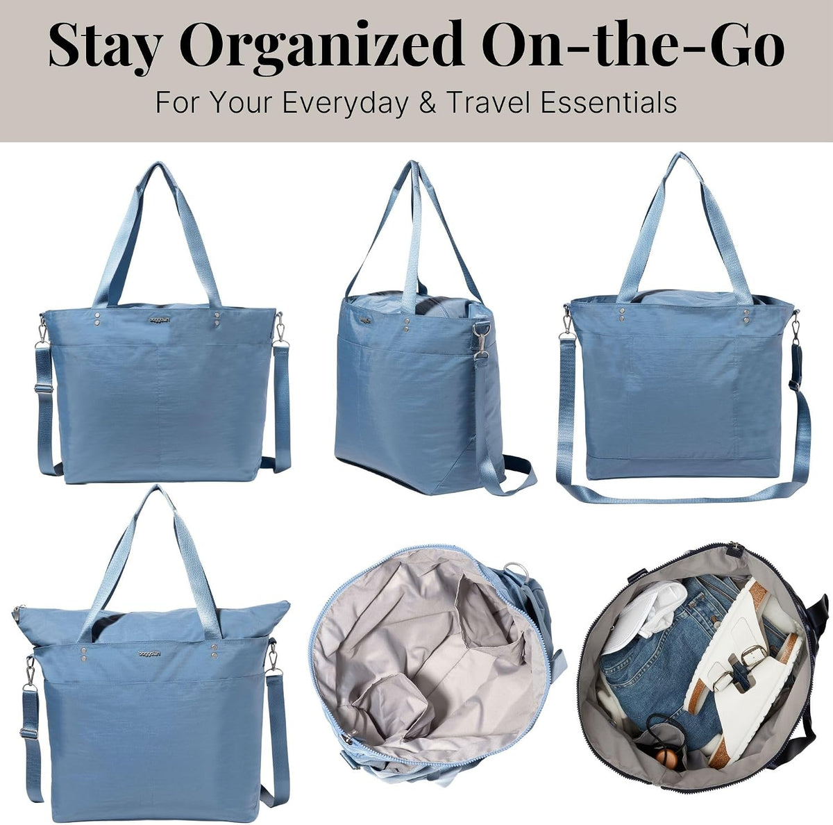 Carryall Tote - Lightweight Nylon Zipper Top Weekender Travel Beach Bag w/Luggage Sleeve