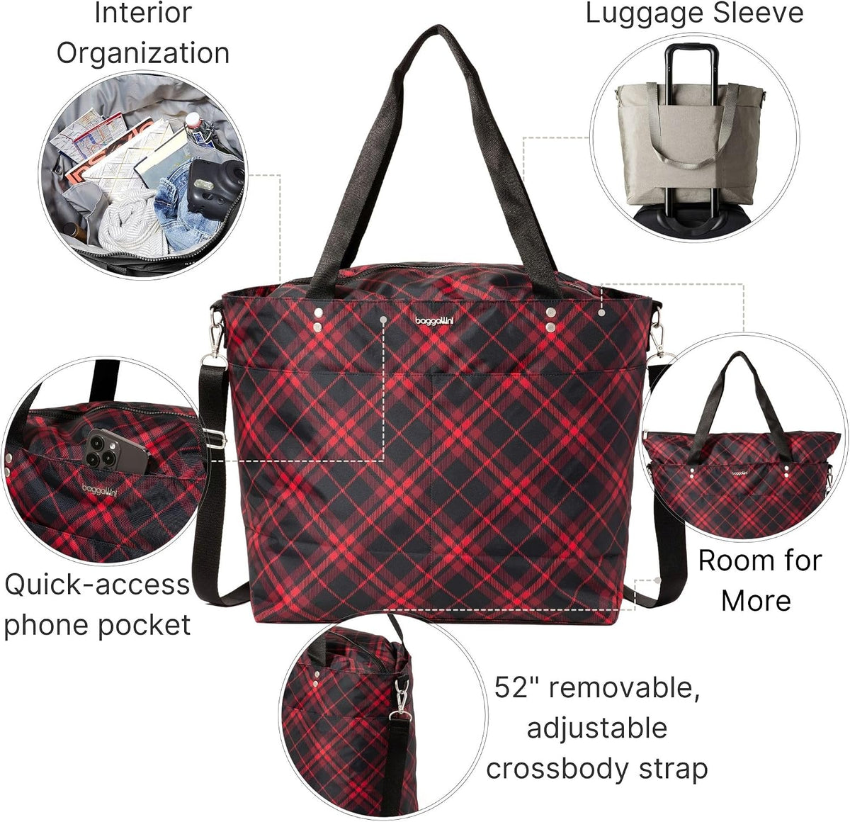 Carryall Tote - Lightweight Nylon Zipper Top Weekender Travel Beach Bag w/Luggage Sleeve