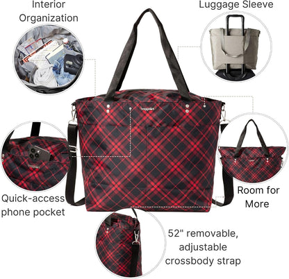 Carryall Tote - Lightweight Nylon Zipper Top Weekender Travel Beach Bag w/Luggage Sleeve