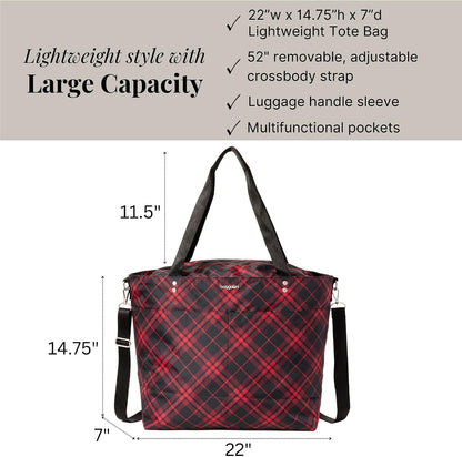 Carryall Tote - Lightweight Nylon Zipper Top Weekender Travel Beach Bag w/Luggage Sleeve