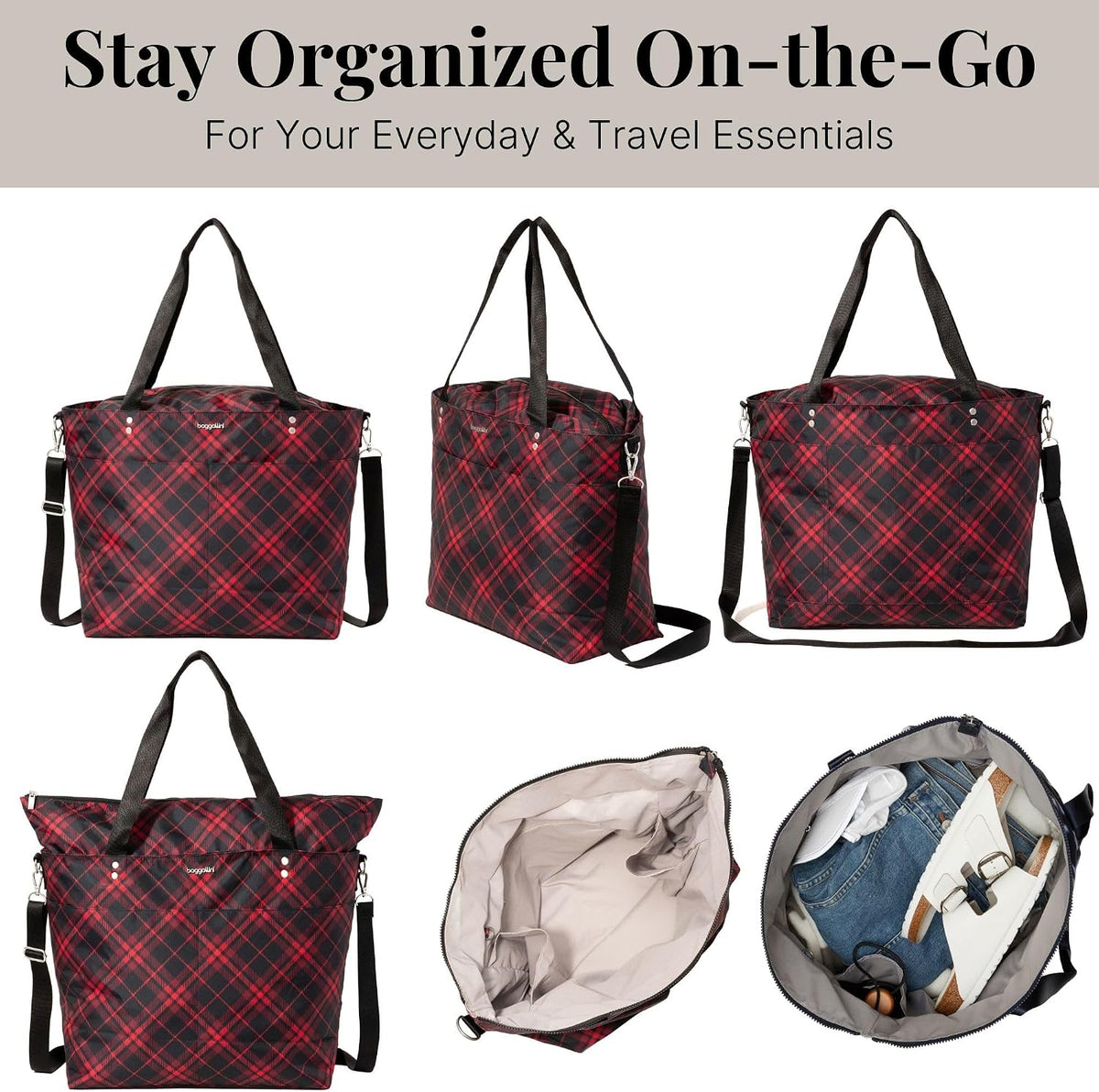 Carryall Tote - Lightweight Nylon Zipper Top Weekender Travel Beach Bag w/Luggage Sleeve