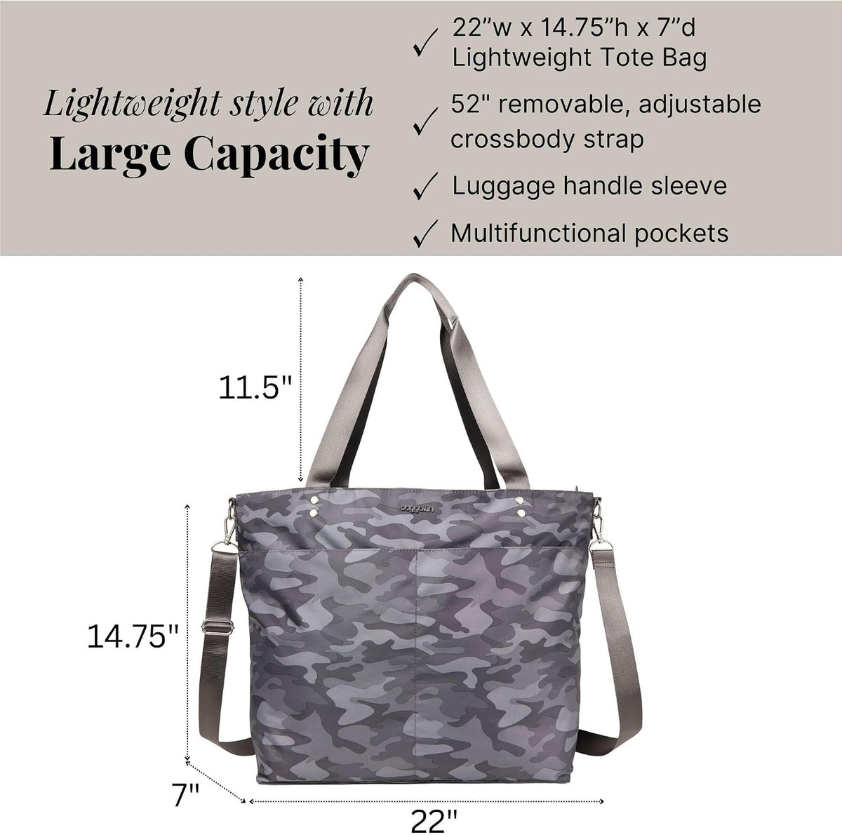 Carryall Tote - Lightweight Nylon Zipper Top Weekender Travel Beach Bag w/Luggage Sleeve