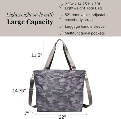 Carryall Tote - Lightweight Nylon Zipper Top Weekender Travel Beach Bag w/Luggage Sleeve