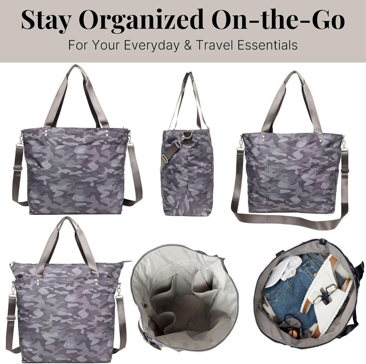 Carryall Tote - Lightweight Nylon Zipper Top Weekender Travel Beach Bag w/Luggage Sleeve
