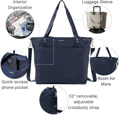 Carryall Tote - Lightweight Nylon Zipper Top Weekender Travel Beach Bag w/Luggage Sleeve