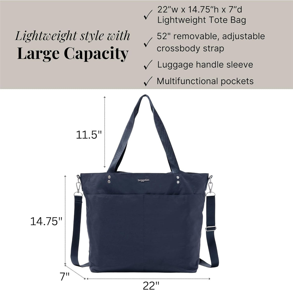 Carryall Tote - Lightweight Nylon Zipper Top Weekender Travel Beach Bag w/Luggage Sleeve
