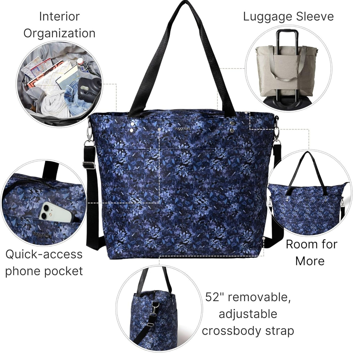 Carryall Tote - Lightweight Nylon Zipper Top Weekender Travel Beach Bag w/Luggage Sleeve