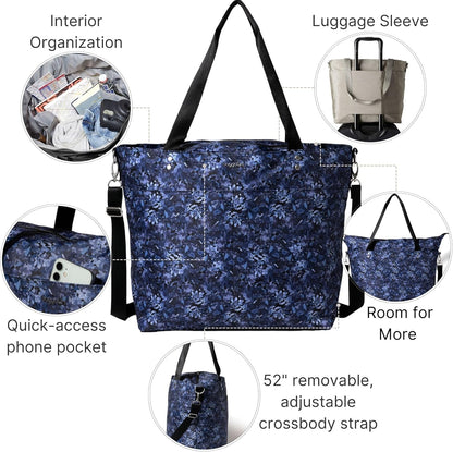 Carryall Tote - Lightweight Nylon Zipper Top Weekender Travel Beach Bag w/Luggage Sleeve