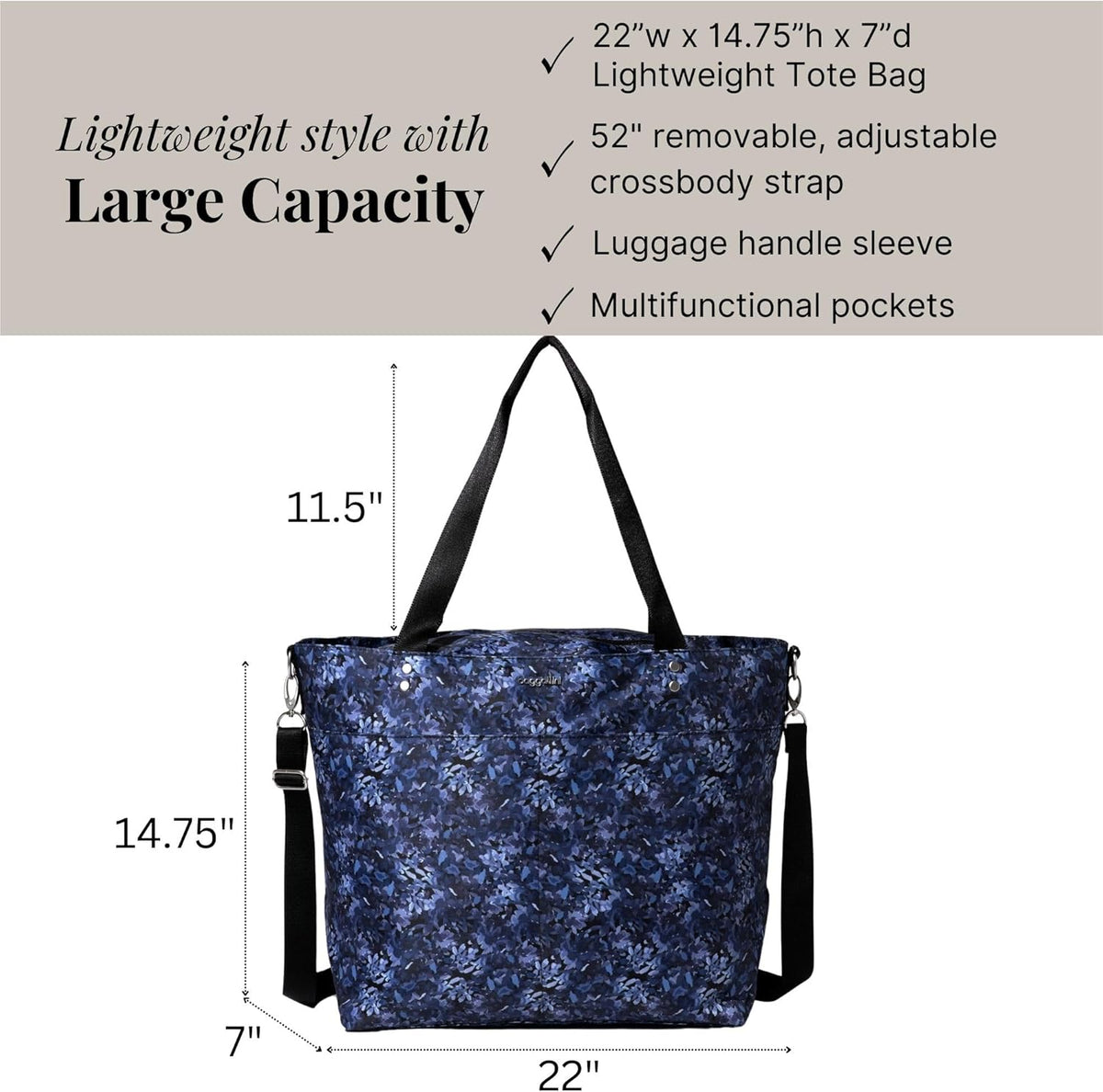 Carryall Tote - Lightweight Nylon Zipper Top Weekender Travel Beach Bag w/Luggage Sleeve