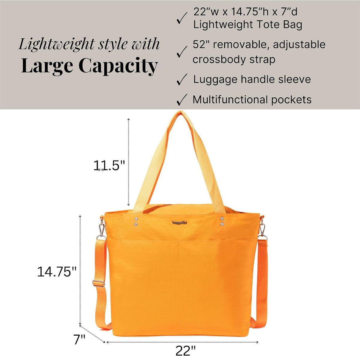 Carryall Tote - Lightweight Nylon Zipper Top Weekender Travel Beach Bag w/Luggage Sleeve