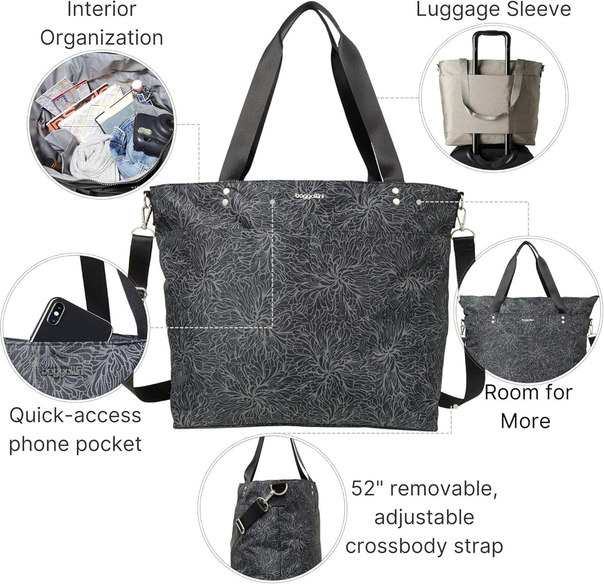 Carryall Tote - Lightweight Nylon Zipper Top Weekender Travel Beach Bag w/Luggage Sleeve