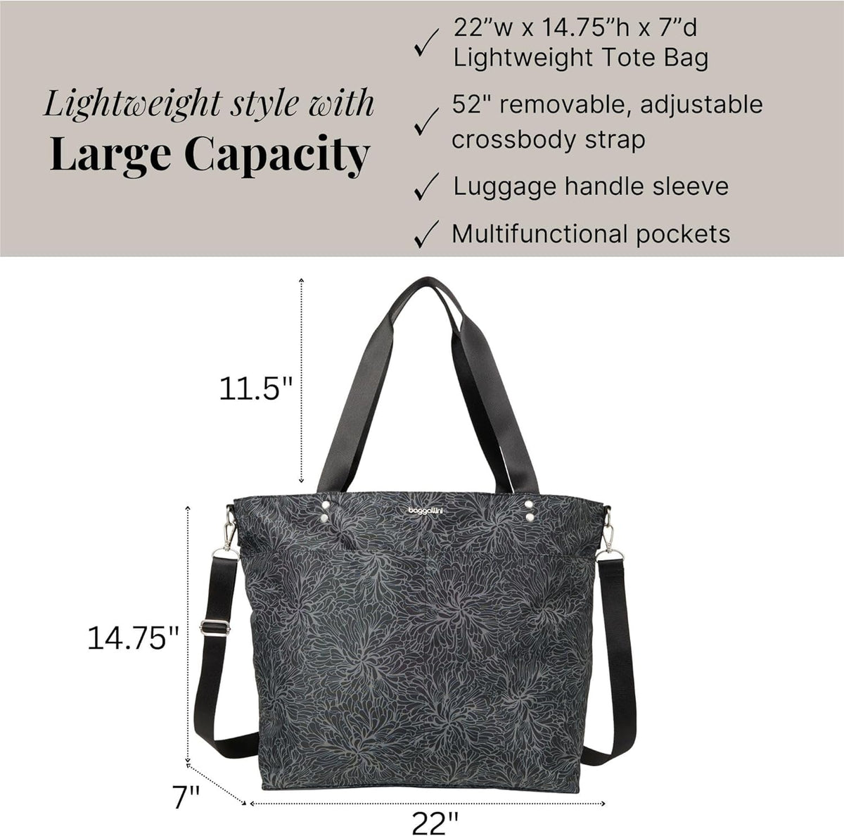 Carryall Tote - Lightweight Nylon Zipper Top Weekender Travel Beach Bag w/Luggage Sleeve