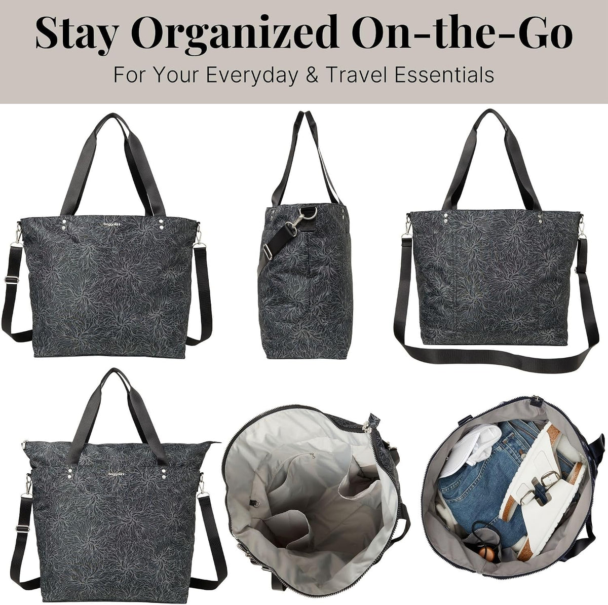 Carryall Tote - Lightweight Nylon Zipper Top Weekender Travel Beach Bag w/Luggage Sleeve