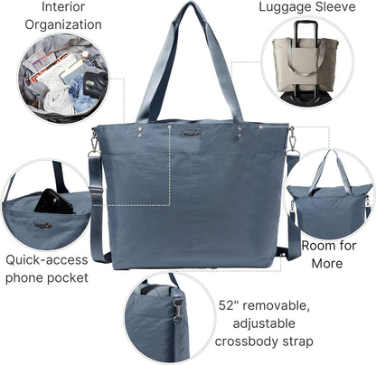 Carryall Tote - Lightweight Nylon Zipper Top Weekender Travel Beach Bag w/Luggage Sleeve