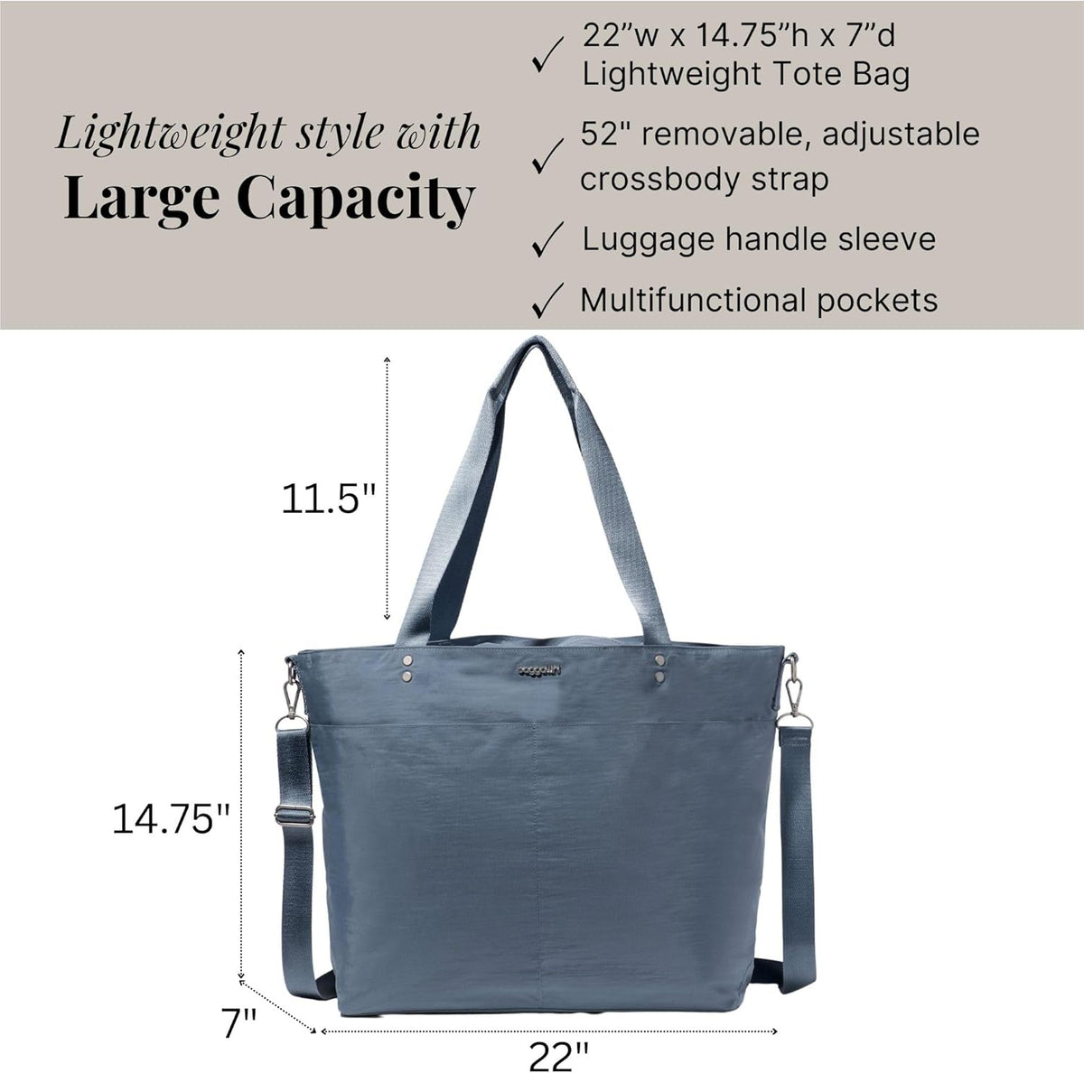 Carryall Tote - Lightweight Nylon Zipper Top Weekender Travel Beach Bag w/Luggage Sleeve