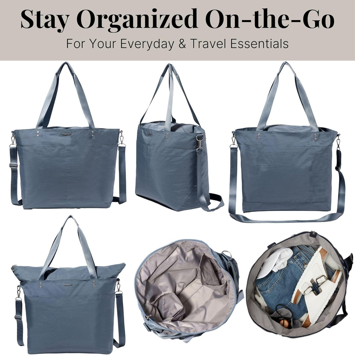 Carryall Tote - Lightweight Nylon Zipper Top Weekender Travel Beach Bag w/Luggage Sleeve