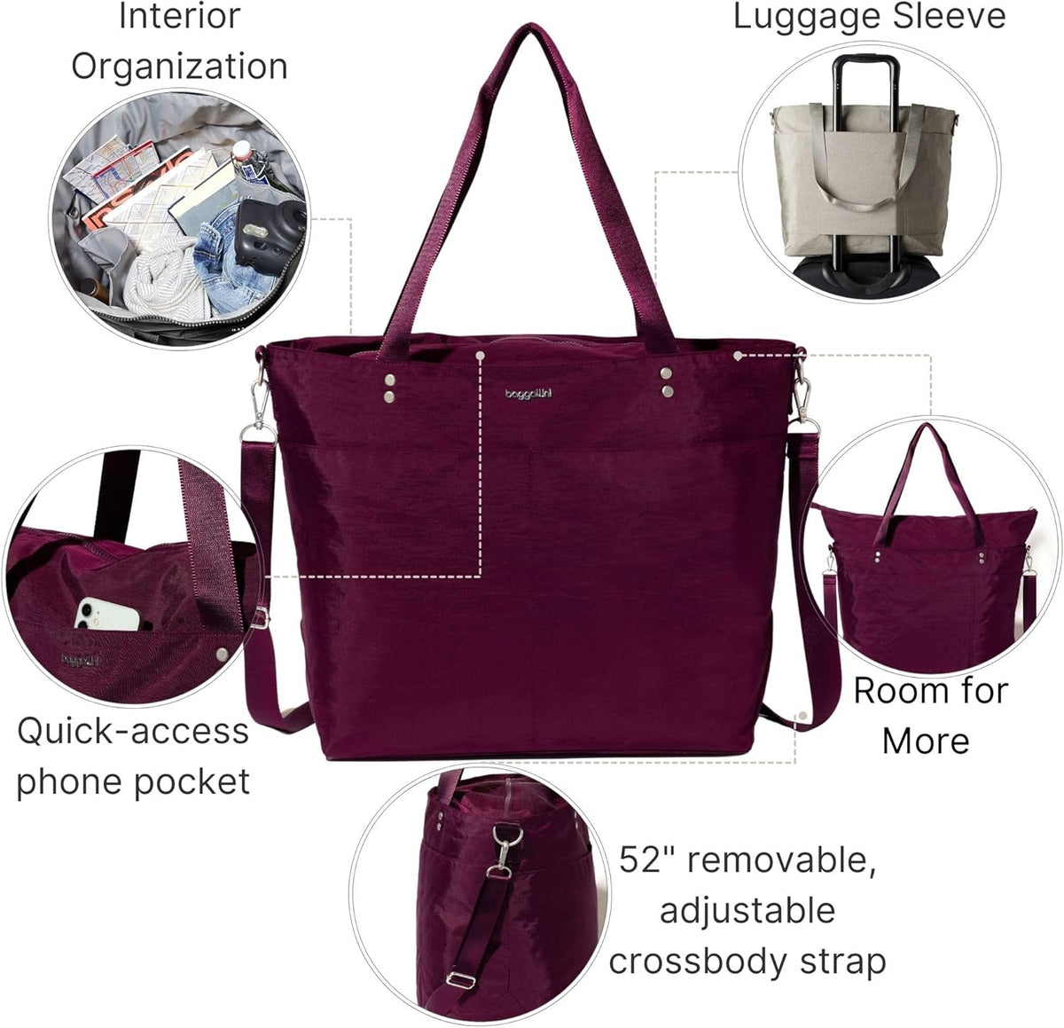 Carryall Tote - Lightweight Nylon Zipper Top Weekender Travel Beach Bag w/Luggage Sleeve