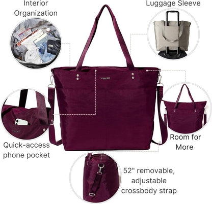 Carryall Tote - Lightweight Nylon Zipper Top Weekender Travel Beach Bag w/Luggage Sleeve