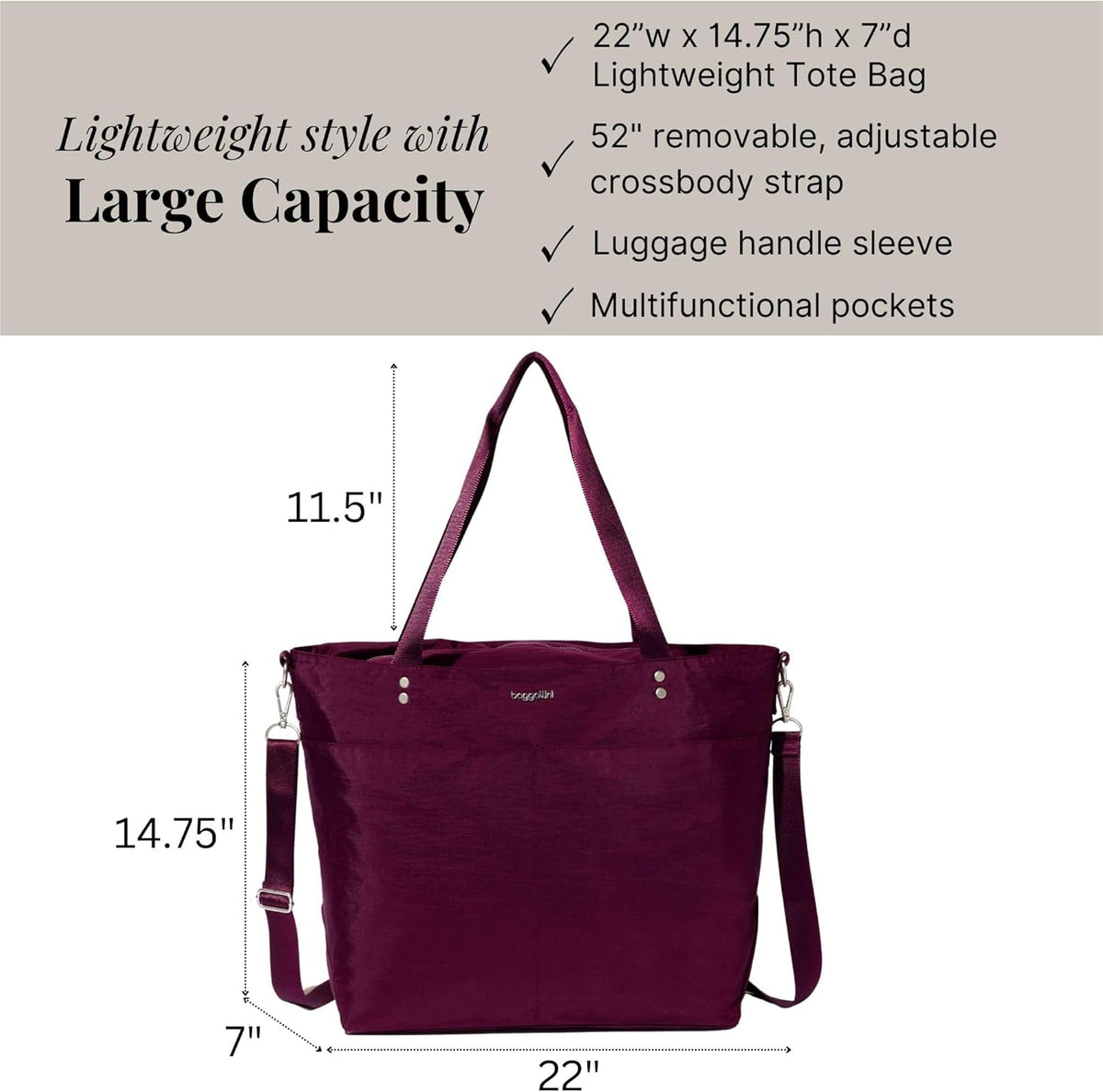Carryall Tote - Lightweight Nylon Zipper Top Weekender Travel Beach Bag w/Luggage Sleeve