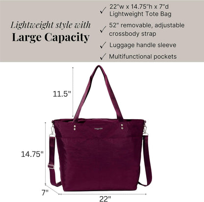 Carryall Tote - Lightweight Nylon Zipper Top Weekender Travel Beach Bag w/Luggage Sleeve
